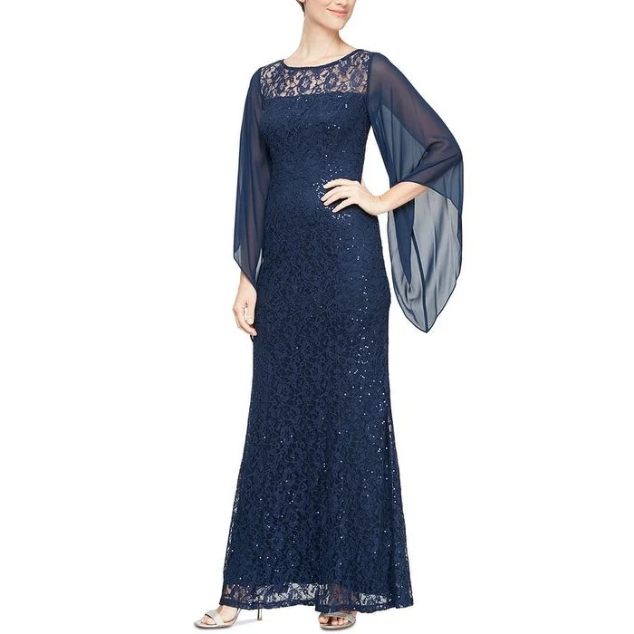 Velvet One Shoulder Evening Dress-SL Fashions Women's Embellished Illusion Lace Gown Blue Size 6