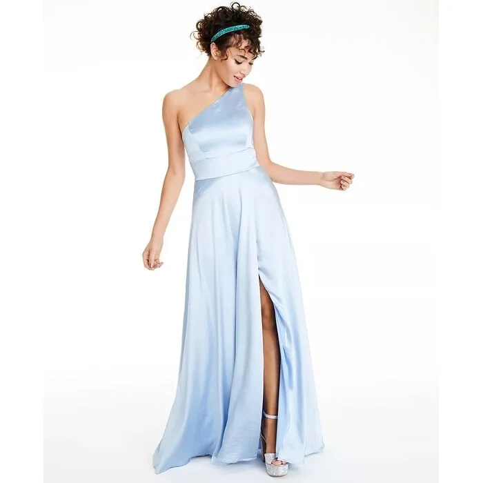 Floral Evening Dress-Speechless Juniors' One-Shoulder Satin Gown Med Blue Size 0