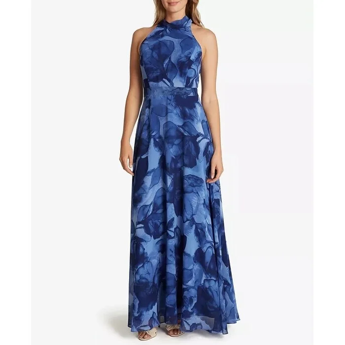 Long Sleeve Evening Dress-Tahari ASL Women's Printed Chiffon Gown Blue Size 14