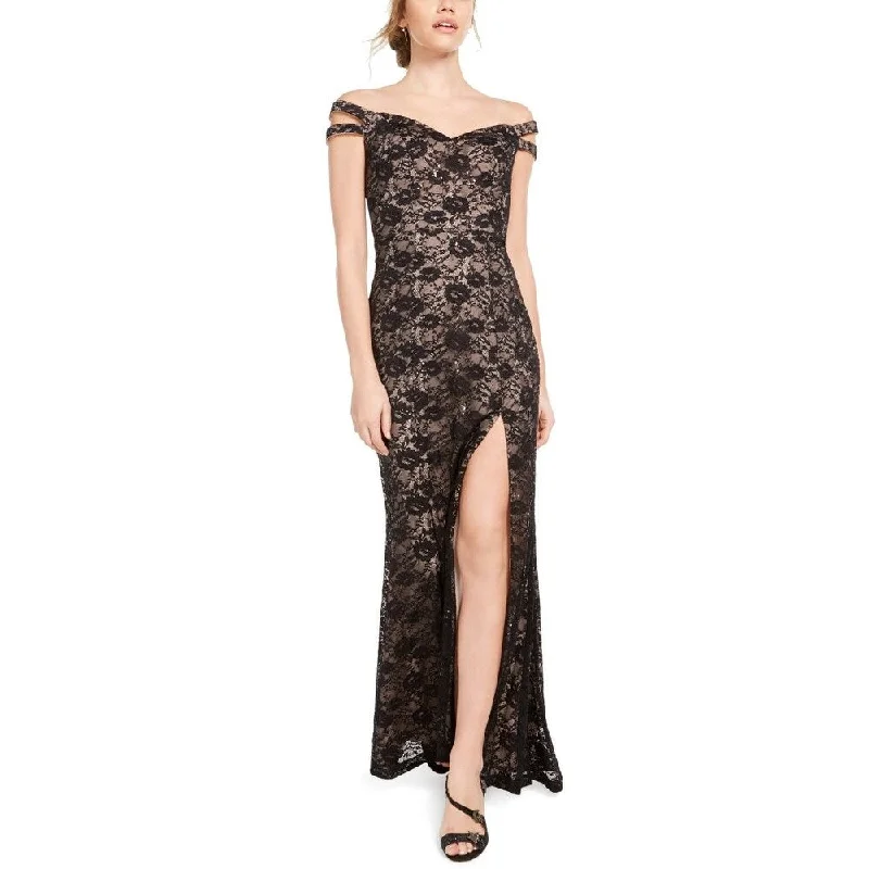 Wedding Blue Evening Dress-Teeze Me Junior's Nude Double Strap Floral Lace Gown Dress Black Size 11