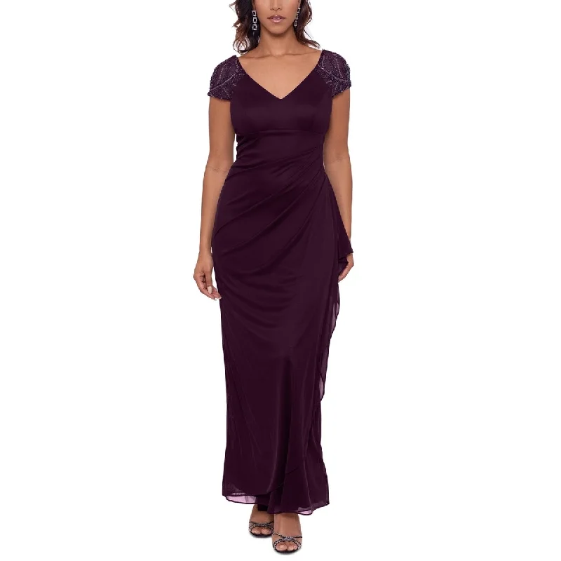 Midi Evening Dress-Xscape Women's Embellished Sleeve Gown Purple Size 6