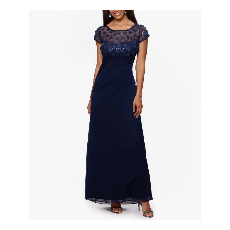 Velvet Evening Dress-XSCAPE Women's Flower Embellished Gown Blue Size 4Petite - 4P