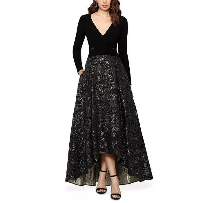 Designer Silk Evening Dress-Xscape Women's High-Low Brocade Ball Gown Charcoal Size 8