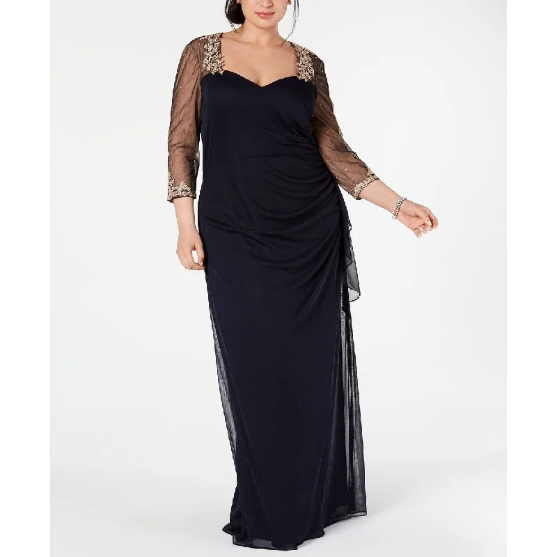 Midi Beige Evening Dress-XSCAPE Women's Plus Size Embellished Illusion Sleeve Ruched Gown Dark Blue Size 20W