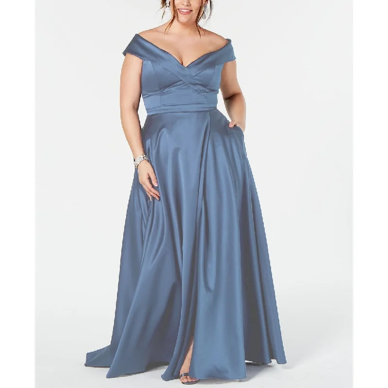 Designer Cocktail Evening Dress-Xscape Women's Plus Size Off-The-Shoulder Gown Blue Size 18W