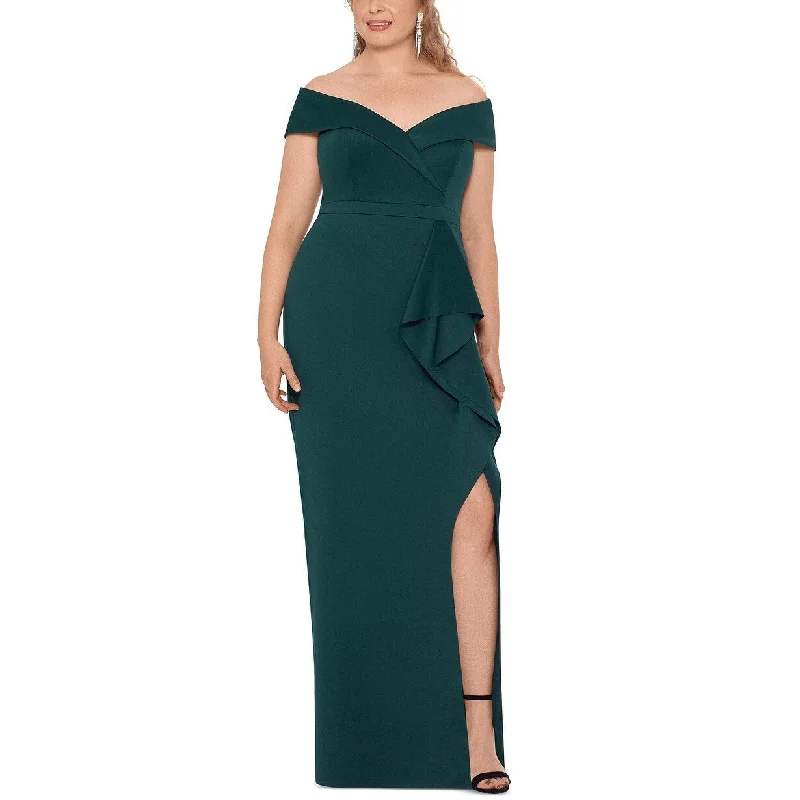 Satin Purple Evening Dress-Xscape Women's Plus Size Ruffled Off-The-Shoulder Gown Green Size 14 W