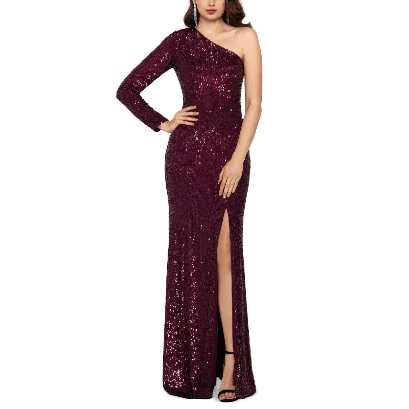 Geometric Long Sleeve Evening Dress-Xscape Women's Sequinned One-Shoulder Gown Purple Size 8