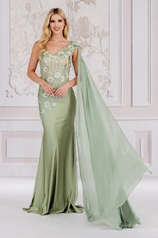 One Shoulder Short Evening Dress-3D Floral One Shoulder Cape Gown by Amelia Couture 388 - Outlet