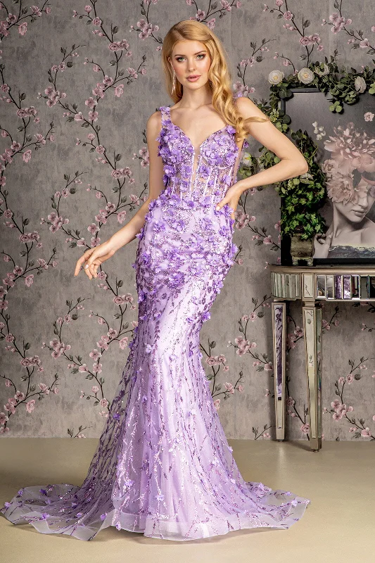 Sequin Ruffle Evening Dress-3D Floral Sleeveless Mermaid Dress by GLS Gloria GL3410