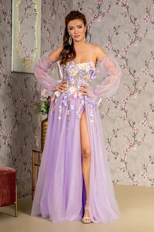 Chiffon Evening Dress-3D Floral Strapless Puff Sleeve Slit Gown by GLS Gloria GL3233