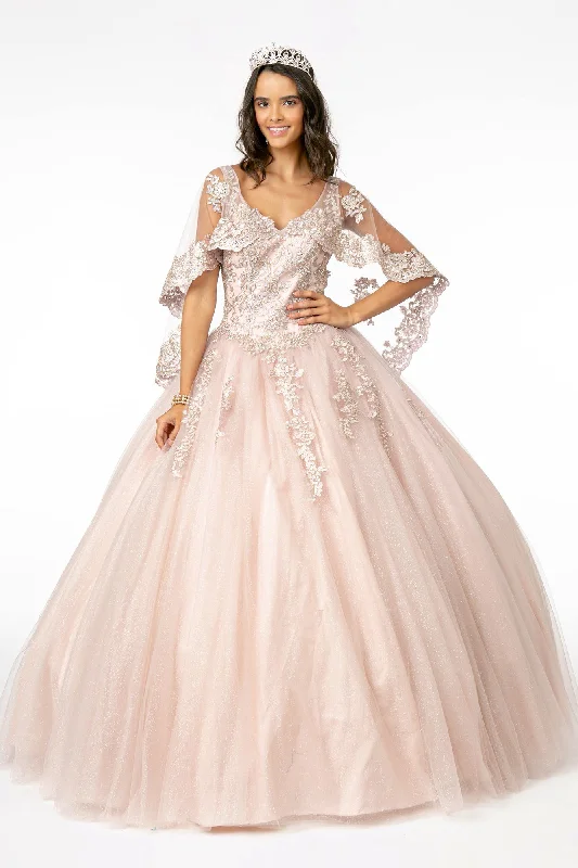 Long Elegant Evening Dress-Applique Glitter V-Neck Ball Gown with Cape by Elizabeth K GL2800