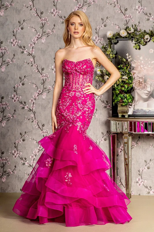 Sequin Pink Evening Dress-Applique Strapless Tiered Mermaid Dress by GLS Gloria GL3216