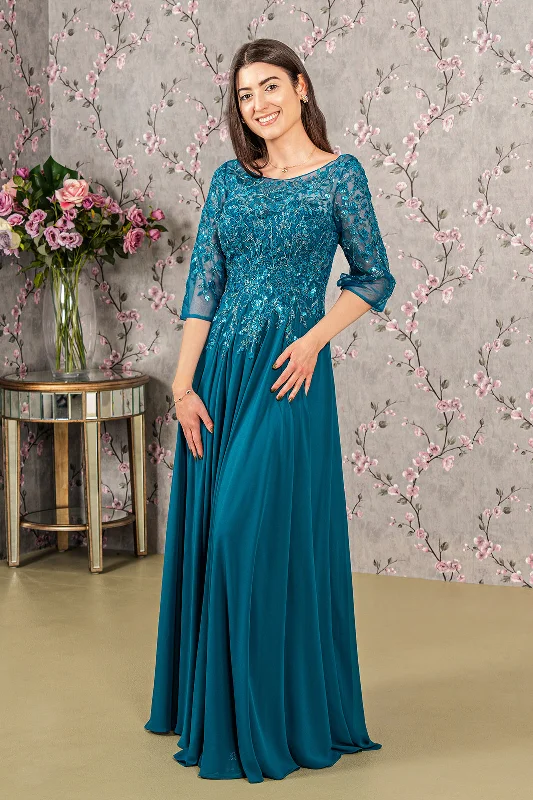 Satin High Neck Evening Dress-Bead Applique 3/4 Sleeve A-line Gown by GLS Gloria GL3447