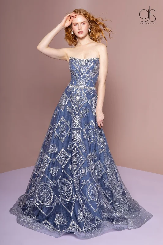 Silk Prom Evening Dress-Bead Embellished Long Strapless A-Line Dress by Elizabeth K GL2650