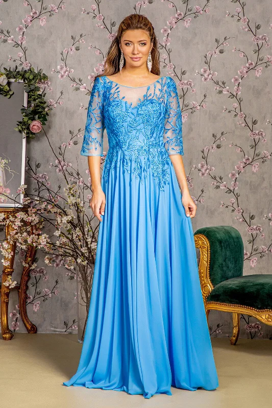 Petite Off Shoulder Evening Dress-Bead Embroidered 3/4 Sleeve A-line Gown by GLS Gloria GL3445