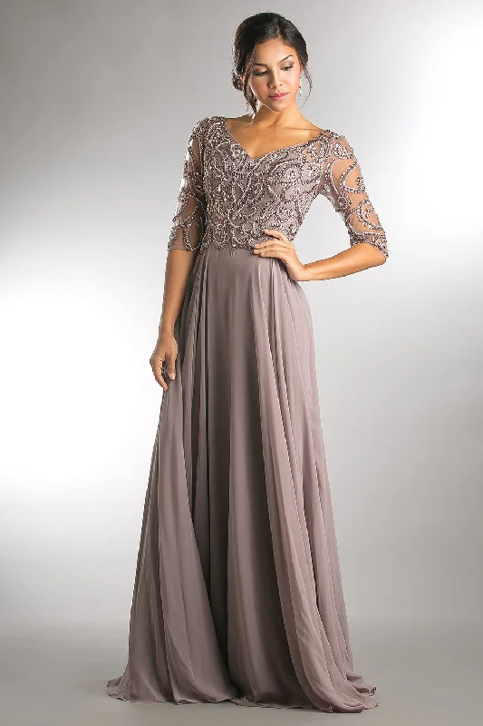 Party Cheap Evening Dress-Beaded 3/4 Sleeve V-Neck Chiffon Gown by Amelia Couture 7046