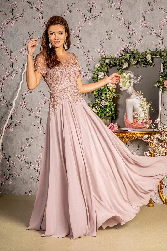 Halter Pink Evening Dress-Beaded Chiffon Short Sleeve Gown by GLS Gloria GL3492