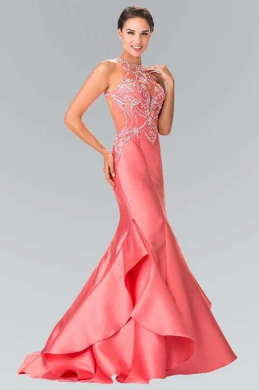 Beaded Ruffle Evening Dress-Beaded Halter Mermaid Dress with Ruffles by Elizabeth K GL2357