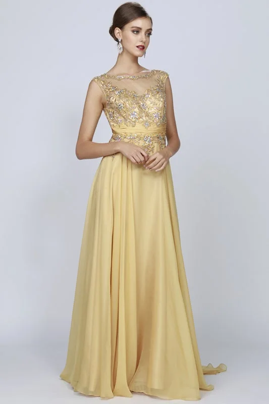 Yellow Long Evening Dress-Beaded Long Sleeveless Dress by Juliet 552