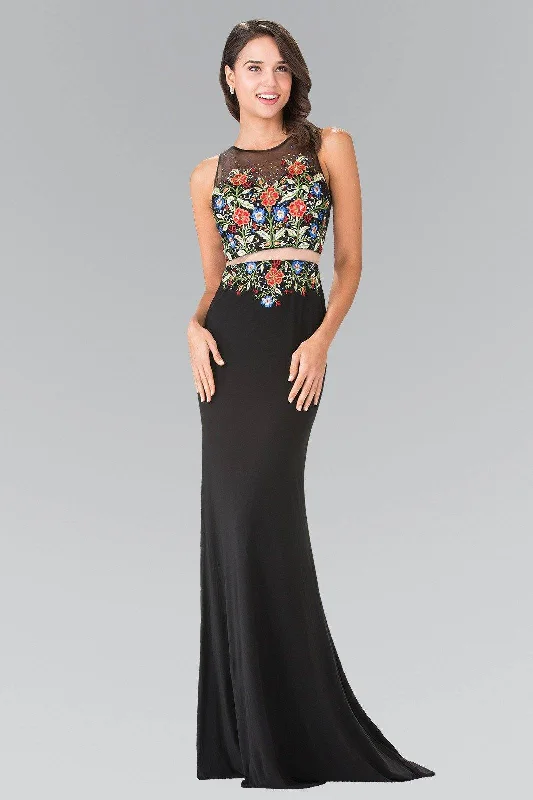 Prom Backless Evening Dress-Black Mock Two-Piece Floral Embroidered Dress by Elizabeth K GL2241