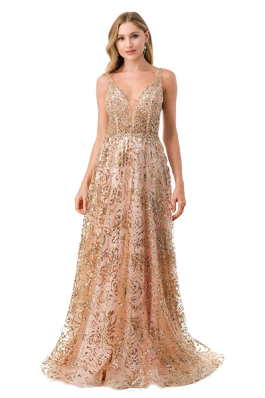 Geometric Evening Dress-Embellished Deep V-Neck A-Line Gown by Coya L2771T