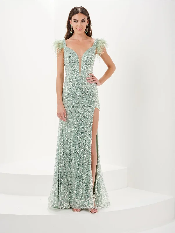 Green Sequin Evening Dress-Fitted Sequin Feather Slit Gown by Tiffany Designs 16055