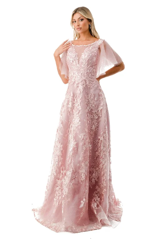 Midi Beige Evening Dress-Floral Applique Flutter Sleeve Gown by Coya M2818M