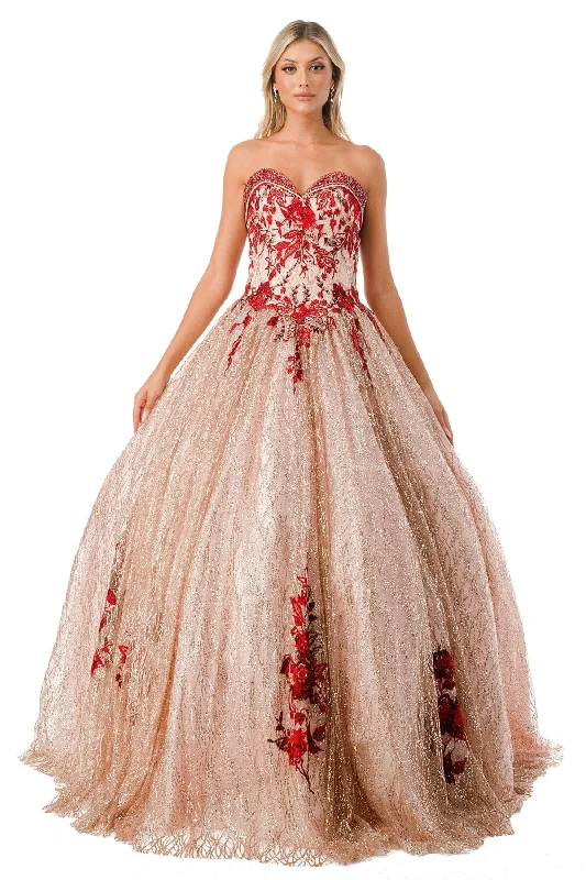 Petite Midi Evening Dress-Floral Applique Strapless Glitter Ball Gown by Coya L2730