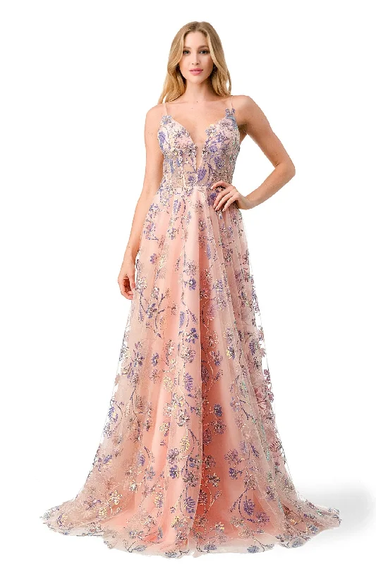 One Shoulder Satin Evening Dress-Floral Embroidered Sleeveless A-Line Gown by Coya L2794T