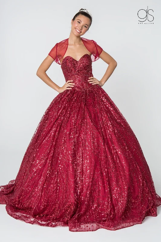 Velvet Geometric Evening Dress-Jeweled Strapless Glitter Ball Gown with Jacket by Elizabeth K GL2804