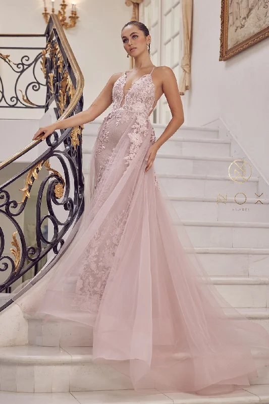 Teens Sleeveless Evening Dress-Lace Applique Fitted Overskirt Gown by Nox Anabel F485