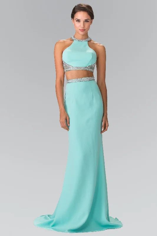 Gold Boho Evening Dress-Aqua Two-Piece Dress with Beaded Accents by Elizabeth K GL2256