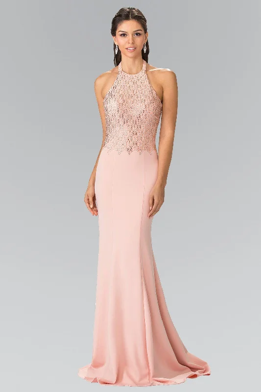 Satin Yellow Evening Dress-Long Beaded Jersey Halter Dress by Elizabeth K GL2285