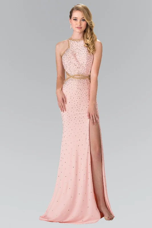 Sleeveless Gold Evening Dress-Long Beaded Halter Dress with Slit by Elizabeth K GL2265