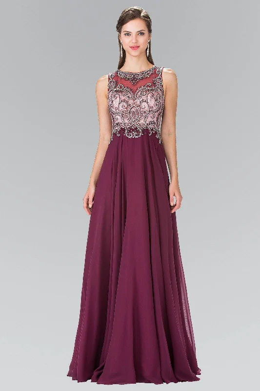 High Neck Lace Evening Dress-Long Beaded Illusion Dress with Open Back by Elizabeth K GL2273