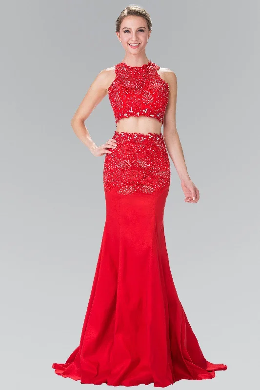 Designer Halter Evening Dress-Long Two-Piece Dress with Lace Embroidery by Elizabeth K GL2291