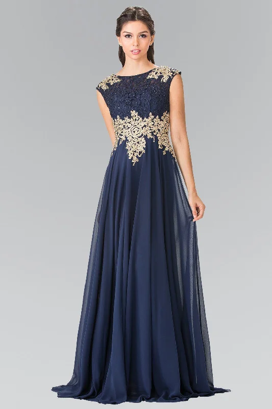 Strapless Blue Evening Dress-Long Cap Sleeve Dress with Lace Top by Elizabeth K GL2228