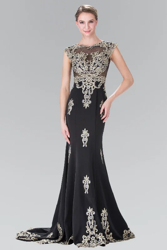 Floral Sequin Evening Dress-Long Cap Sleeve Illusion Dress with Applique by Elizabeth K GL2233