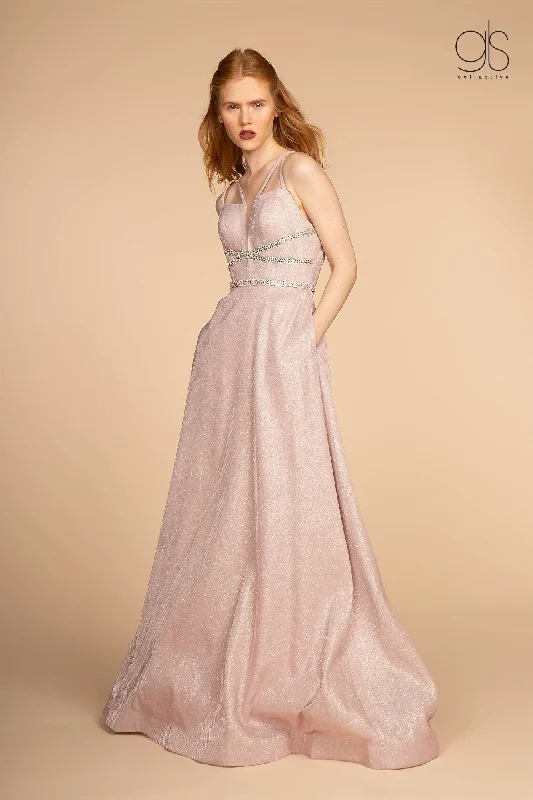 Floral Sequin Evening Dress-Long Deep V-Neck Glitter Dress with Pockets by Elizabeth K GL2506