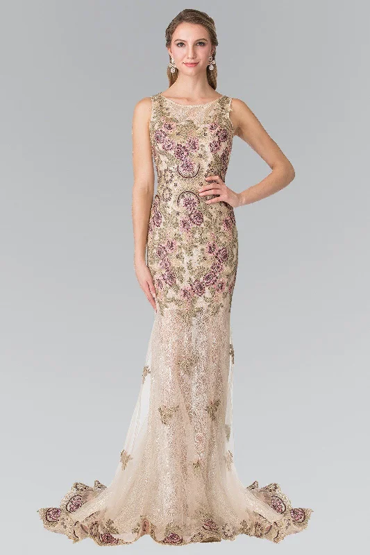 Off Shoulder Beige Evening Dress-Long Floral Embroidered Lace Dress by Elizabeth K GL2269