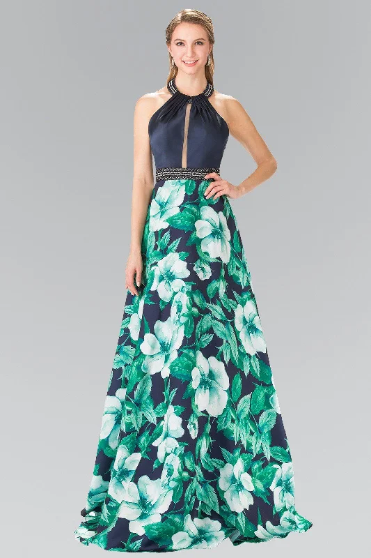 Formal Floral Evening Dress-Long Floral Print Halter Dress by Elizabeth K GL2302