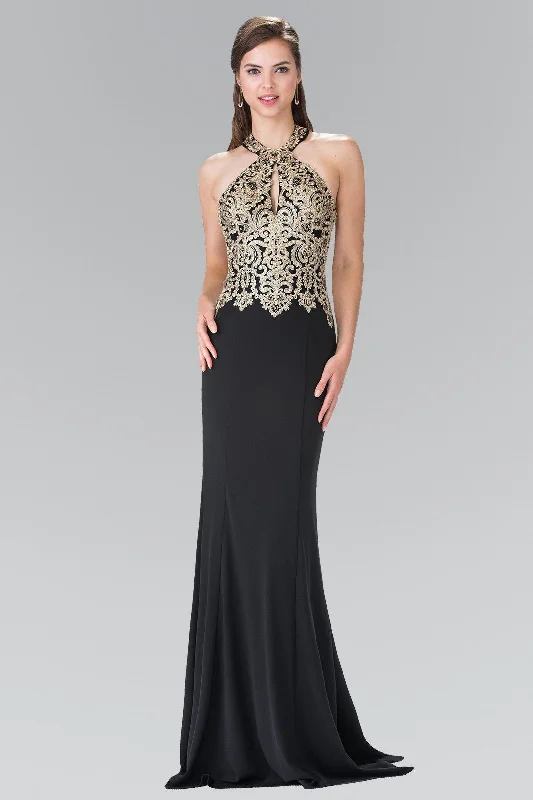 Ruffle Grey Evening Dress-Long Gold Embroidered Halter Dress by Elizabeth K GL2231