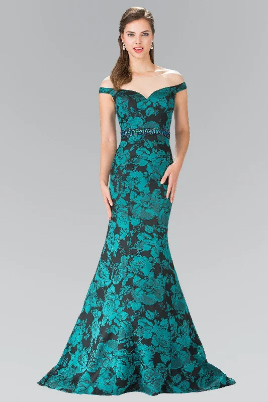 Orange Midi Evening Dress-Long Green Floral Print Off The Shoulder Dress by Elizabeth K GL2245