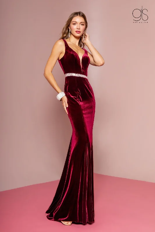 Black Vintage Evening Dress-Long V-Neck Velvet Dress with Open Back by Elizabeth K GL2559