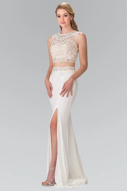 Short Silver Evening Dress-Ivory Two-Piece Dress with Lace Top by Elizabeth K GL2373