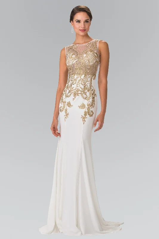 High Neck Yellow Evening Dress-Long Lace Appliqued Dress with Sheer Bodice by Elizabeth K GL2230