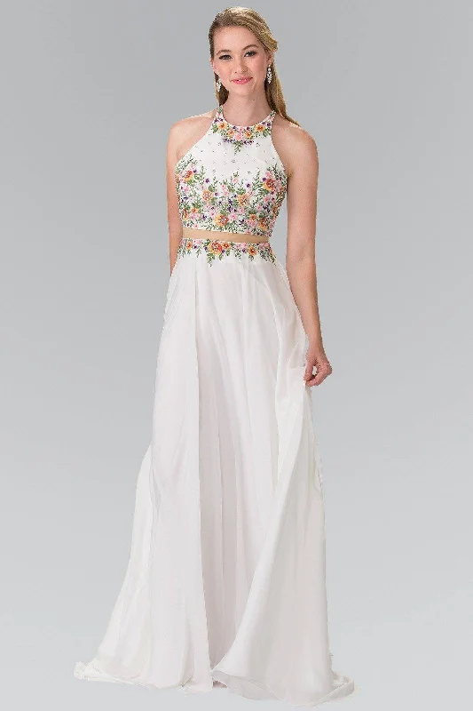 Beige Formal Evening Dress-Long Mock Two-Piece Floral Embroidered Dress by Elizabeth K GL2340