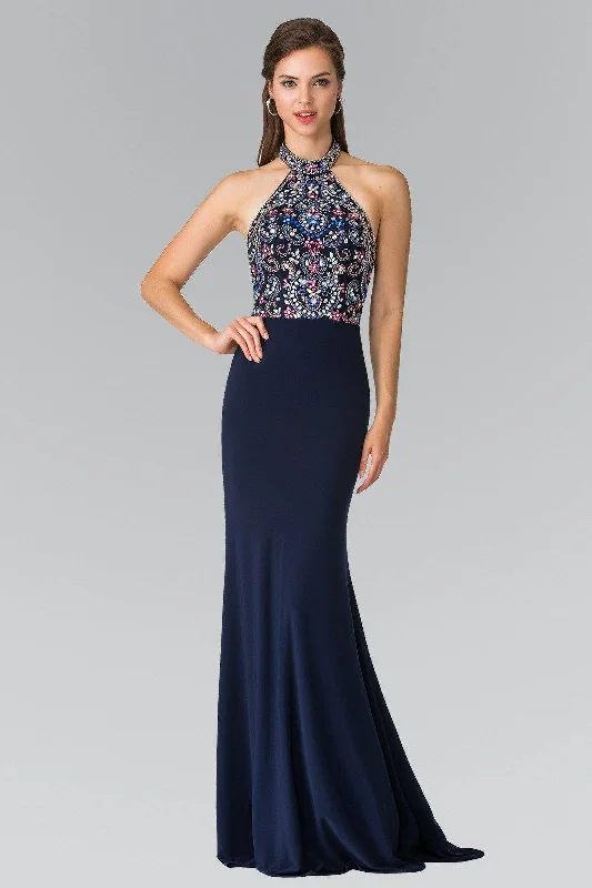 Beaded Ruffle Evening Dress-Long Multi-Color Beaded Illusion Halter Dress by Elizabeth K GL2279