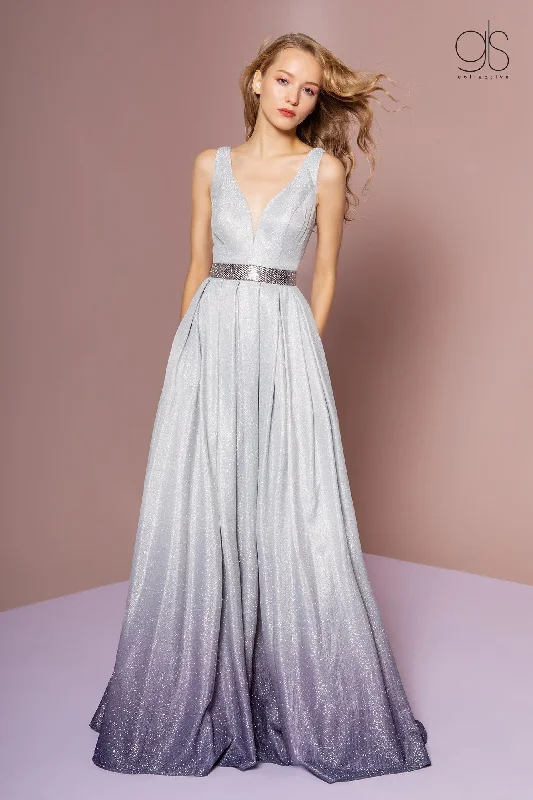 Petite Midi Evening Dress-Long Ombre Glitter Dress with Sheer V-Neckline by Elizabeth K GL2678