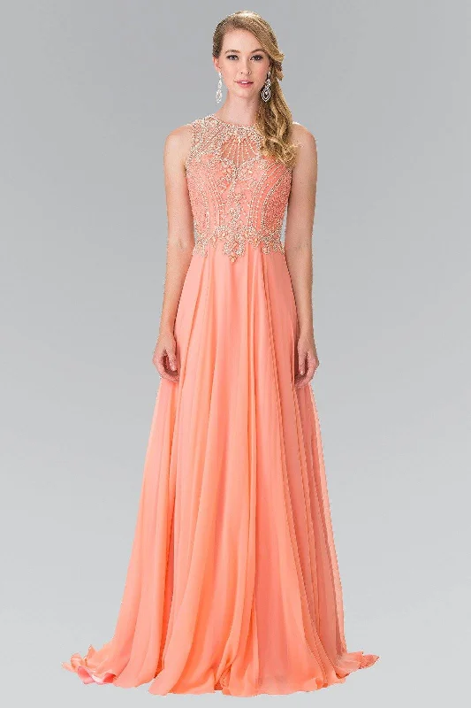 Maxi Orange Evening Dress-Long Sleeveless Beaded Illusion Dress by Elizabeth K GL2343